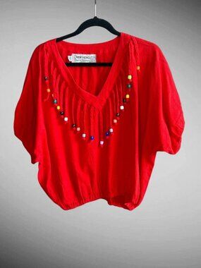 New Hero 100% Native American Cotton Red Ethnic Beaded Fringe Top